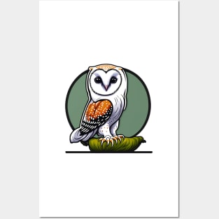 Wise owl on branch with green circle background Posters and Art